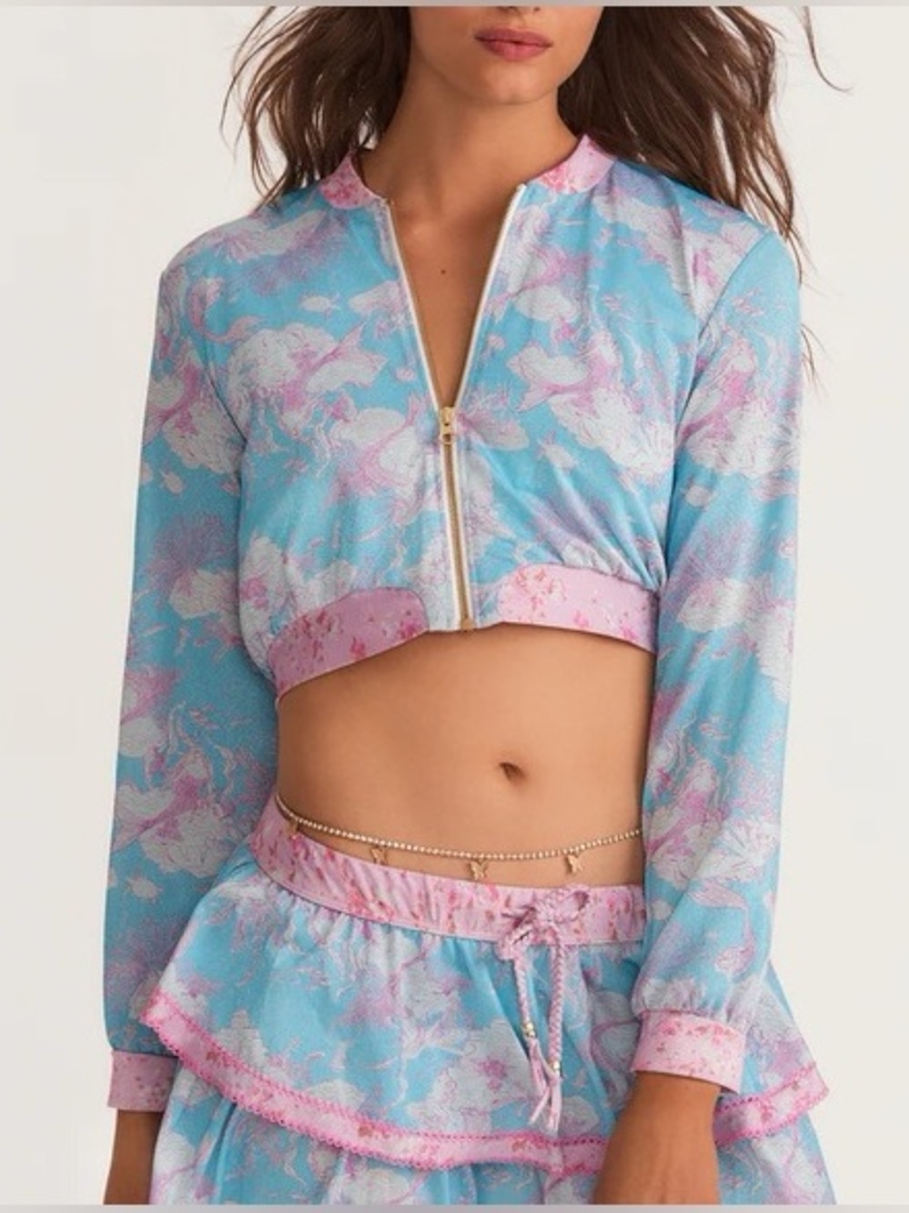 LoveShackFancy X Hurley L Cropped Long-Sleeve Zip bomber in Pastel Blue & Pink